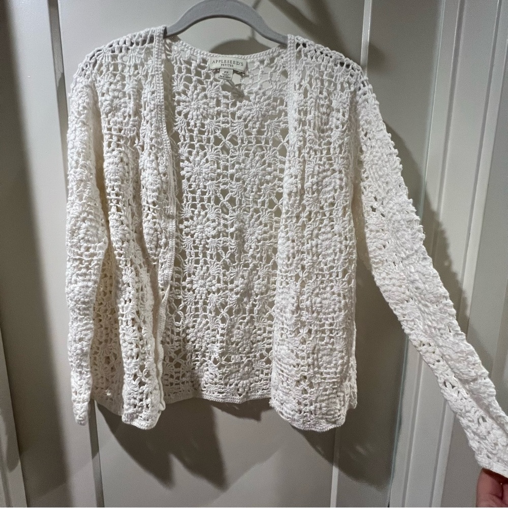 Boho Crochet Knit Cream Button-Front Cardigan Sweater Top - Picture 2 of 9